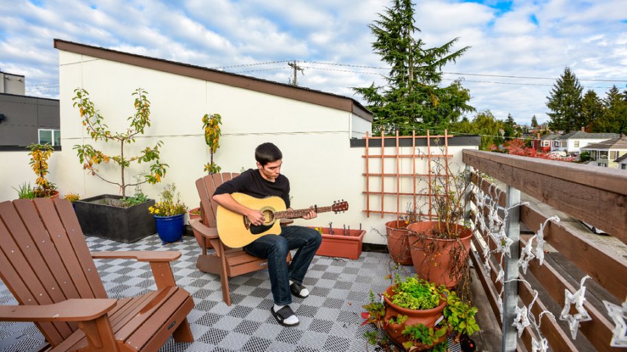 millennial, rooftop garden, guitar, Seattle, condo